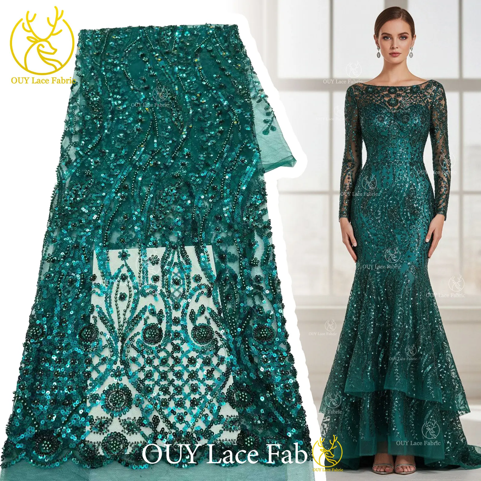 

Hot Sale African Sequins Lace Fabric 2026 Luxury Nigerian Groom Beaded Tulle Mesh Lace For Wedding Dress DIY Sewing 5 Yards