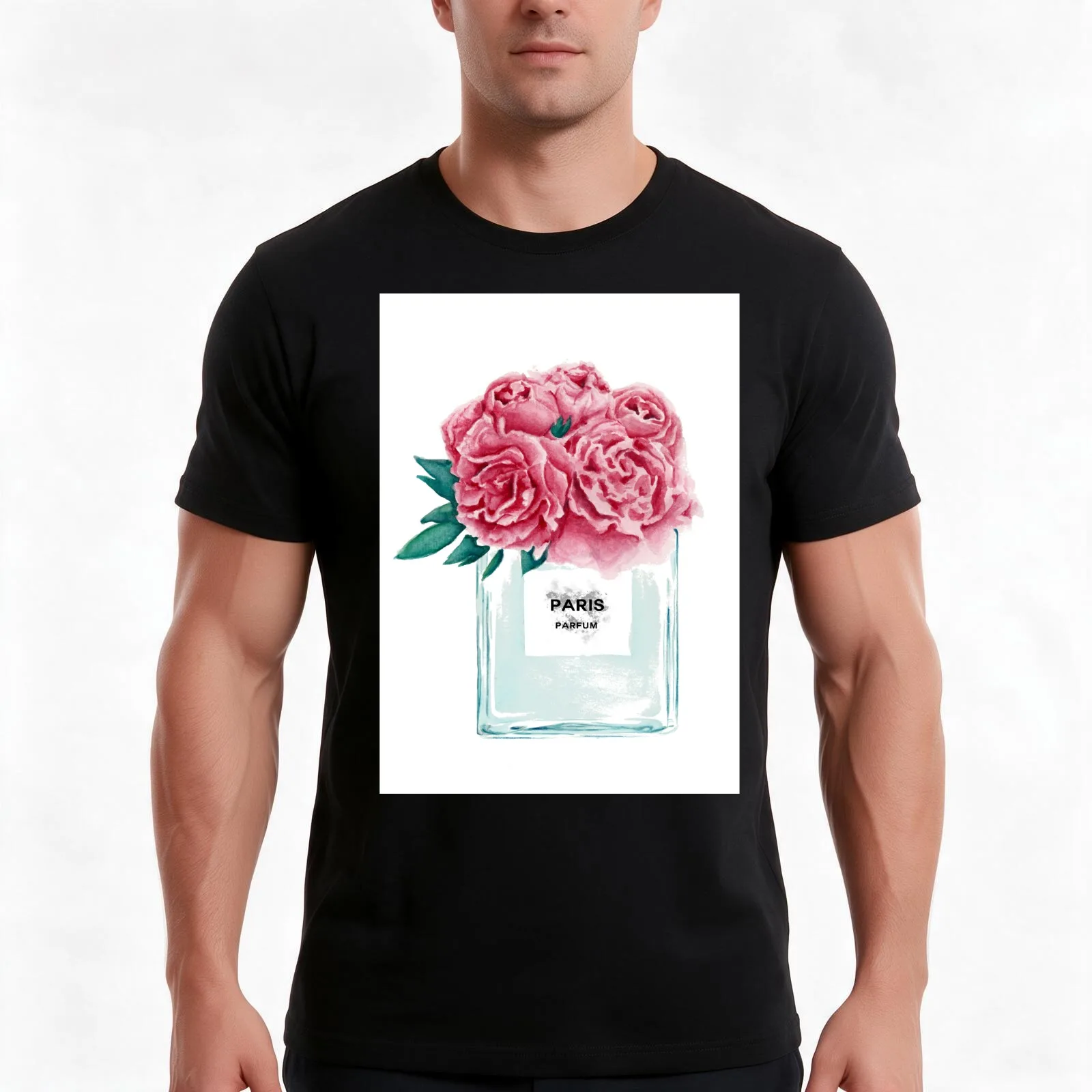 Perfume Bottle Watercolor Painting Hand Painted With Pink Flowers T-Shirt, Summer Casual Cotton Tee, Oversized Streetwear Tops