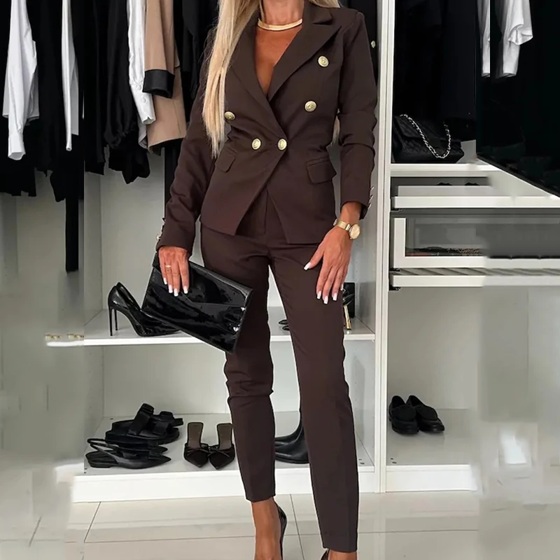 Autumn Fashion Button Commute Two Piece Sets Sexy V Neck Long Sleeve Tops+Pocket Pants Suit Elegant Solid Office Formal Outfits