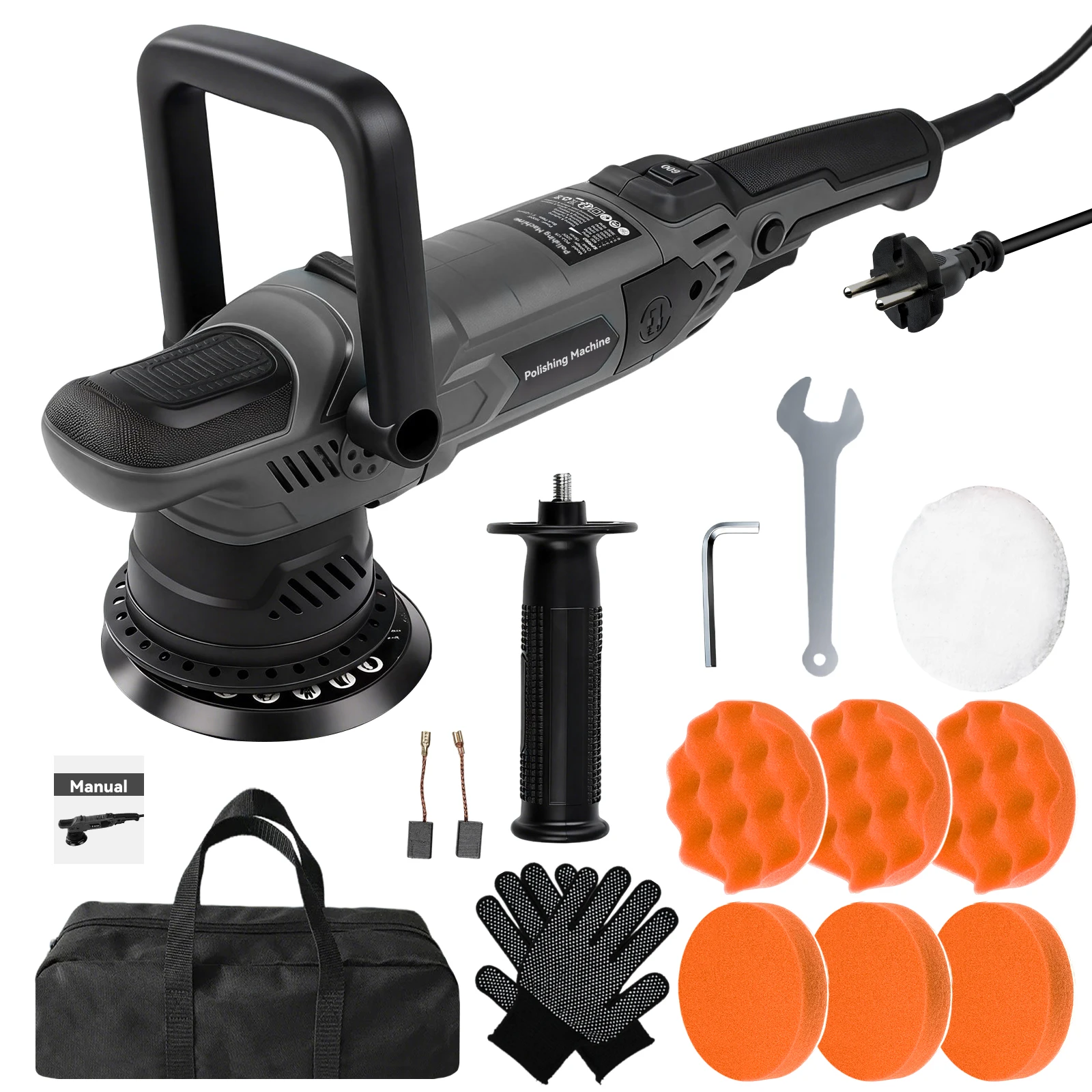 15mm Orbit 1600W Elektrische Auto-Poliermaschine, 220V mit 6 Geschwindigkeitsstufen (600-3600 U/min), 5 Zoll Backup Ergonomisches Doppelgriff-Design