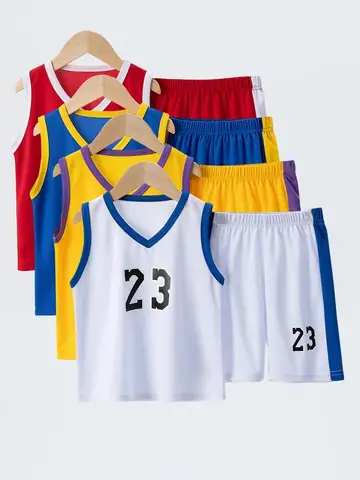 Traje deportivo de secado rápido para niños, camiseta informal sin mangas con pelota, pantalones cortos combinados de colores mezclados Joker, verano, 2/4 Uds.
