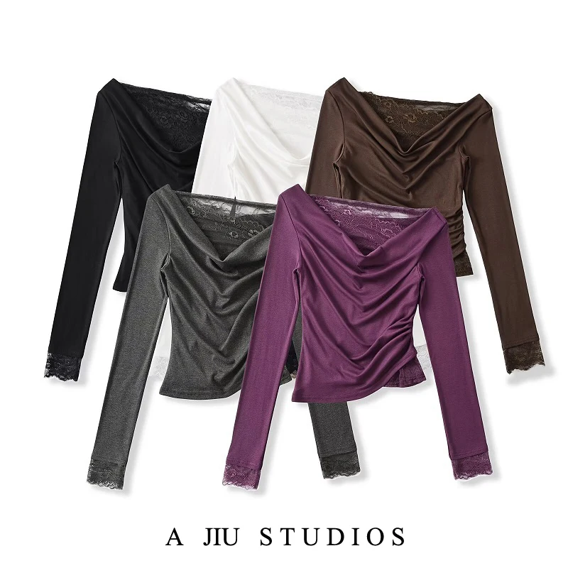 Street Sle Long Sve T-irt Women's ort Length Top Lace Trim oulder Bared Base Layer irt Slimming Effect Spring Au...