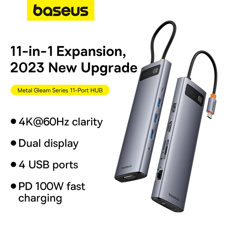 Baseus Metal Gleam Series 11-Port HUB Space Grey （Type-C to HDMI4K@60Hz*1+VGA*1+USB3.0*3+USB2.0*1+PD*1+RJ45*1+SD/TF*1+3.5mm*1)