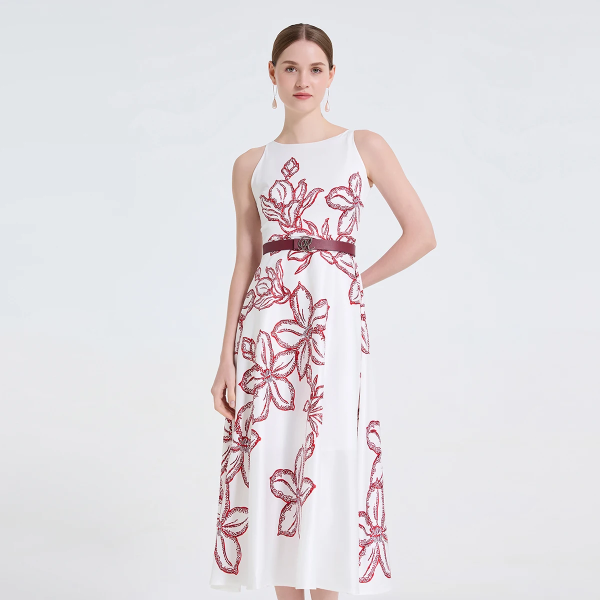 

Fashion Runway Gorgeous Flower Print Midi Long Women Dress 2025 Summer Sleeveless Belt Office Lady Work Wear Vestidos