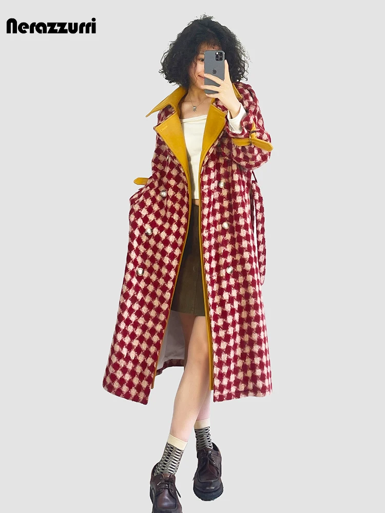 Lautaro Autumn Winter Long Warm Thick Colorful Plaid Patchwork Woolen Coat Women Sashes Luxury Chic Wool & Blends Overcoat 2024