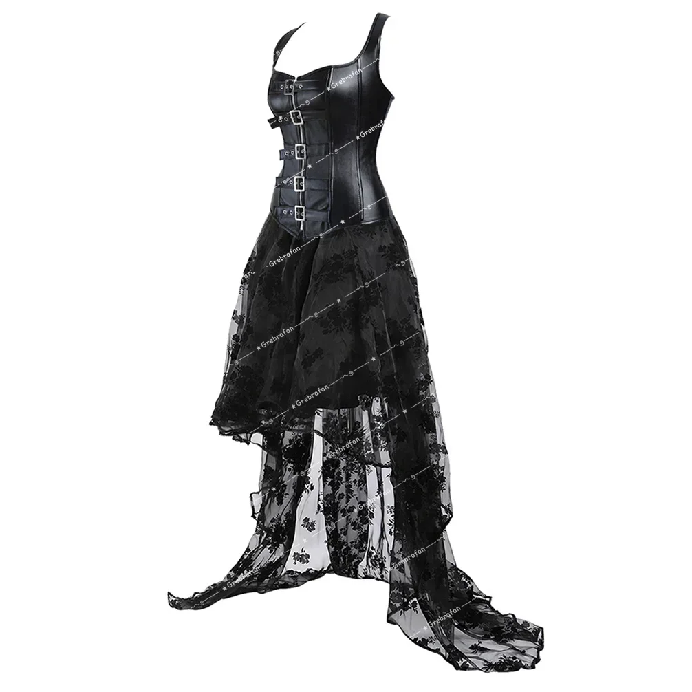 Leather Corset Dress Gothic Corsets with Straps Steampunk Bustiers Skirt Rockabilly Cosplay Outfits Engagement Party Costumes