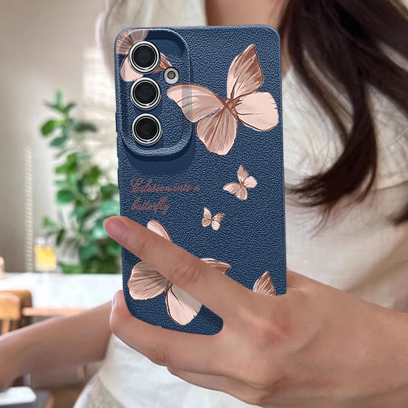 حافظة لهاتف سامسونج جالاكسي S25 S24 S23 Ultra S24 S25 FE S22 S21 Plus غطاء خلفي بنمط الفراشة الوردية