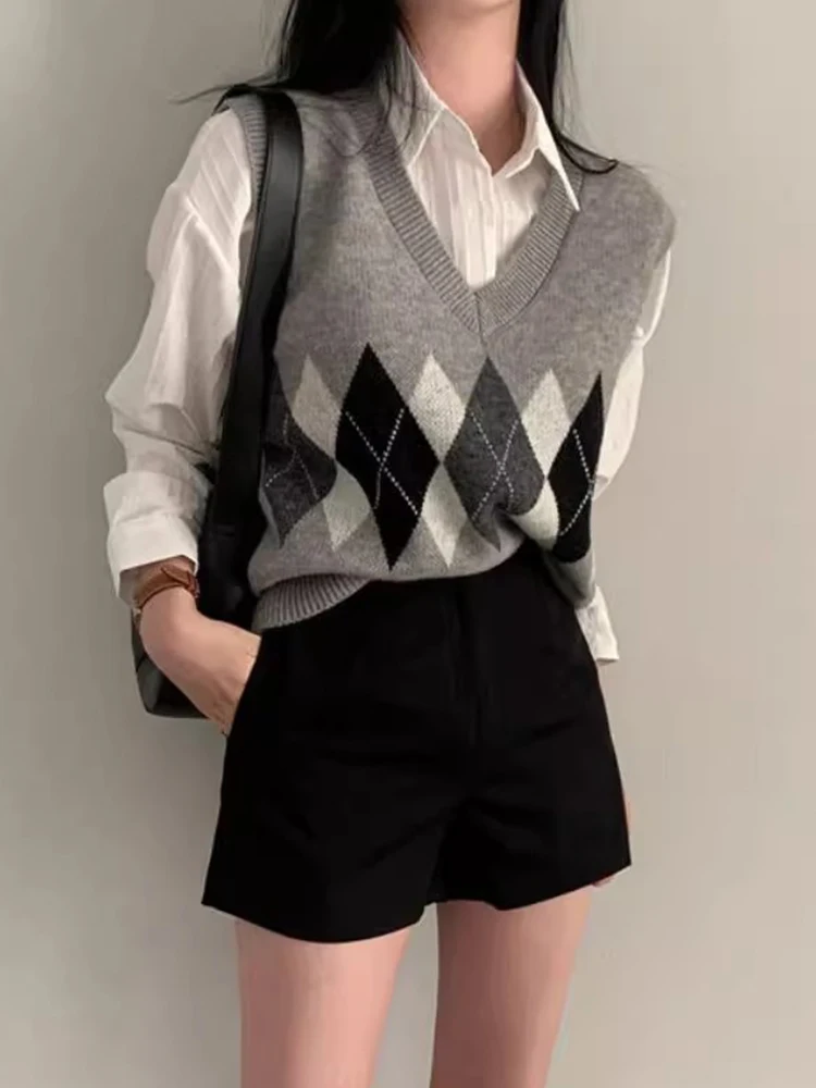 Chique V-Ne gebreid truivest Zacht Gezellig Herfst Nieuw Sle Dames Faion Layering College Sle Diamond Patroon Lang Sve