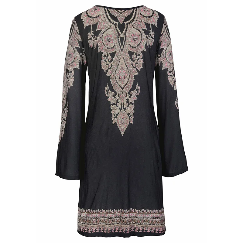 Tropical Dress Boho Vestidos Mujer Bohemian Long Sleeve V Neck Women Casual Loose Black Mini Robe Femme A Line Female Dresses