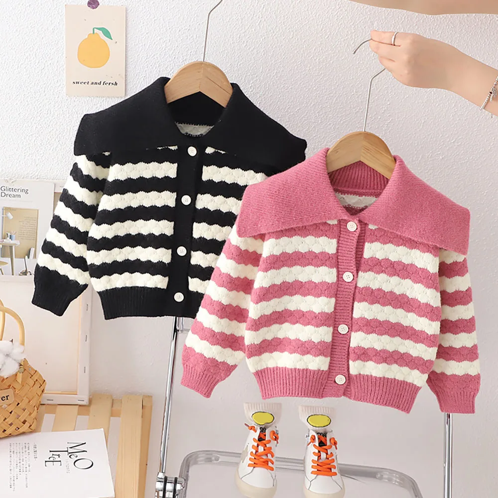 Cute Kids Girl Striped Sweaters Cardigans Korean Style Sailor Collar Knitted Sweater Baby Girls Top Coat Autumn Children Clothes