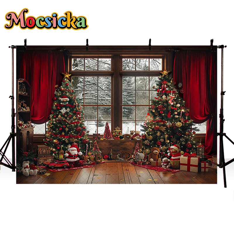 Mocsicka Photography Background Winter Christmas Window Gifts Xmas Tree Kids Family Holiday Portrait Decor Backdrop Photo Studio