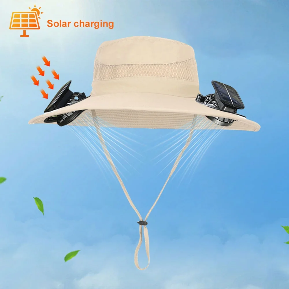 Outdoor Summer Sun Hat With 2 Fan Large Brim Windproof Strap Solar Or USB Charging Anti UV Sun Fishing Cap