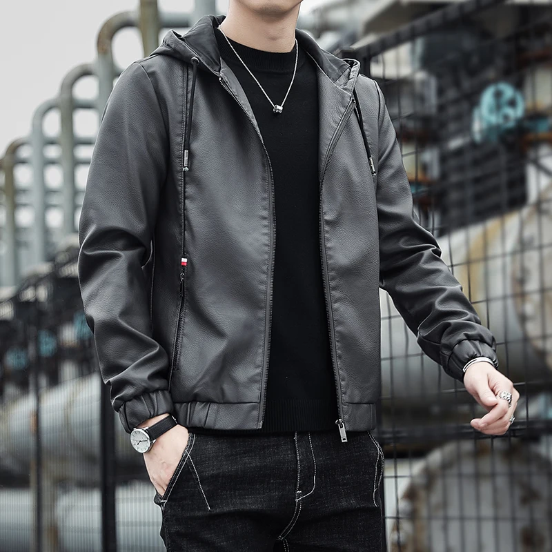 

Fashion Casual Style Leather Jacket Wind-Resistant Parkas Zipper Quality Men Clothing With Hood Comfortable Roupas Masculinas