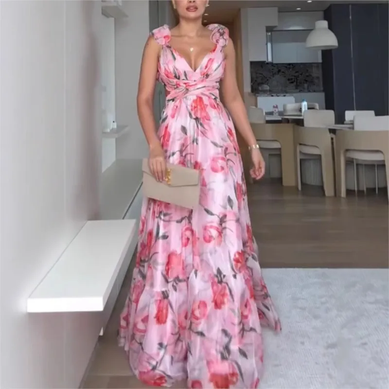 

summer dress 2025 vestidos para mujer fashion dress Chiffon Ruffle Edge sexy dresses V Neck High Waist beach dress Long dresses