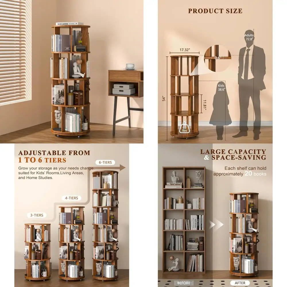 

4-Tier Rotating Bookshelf Carousel with Locking Wheels and Corner Organizer