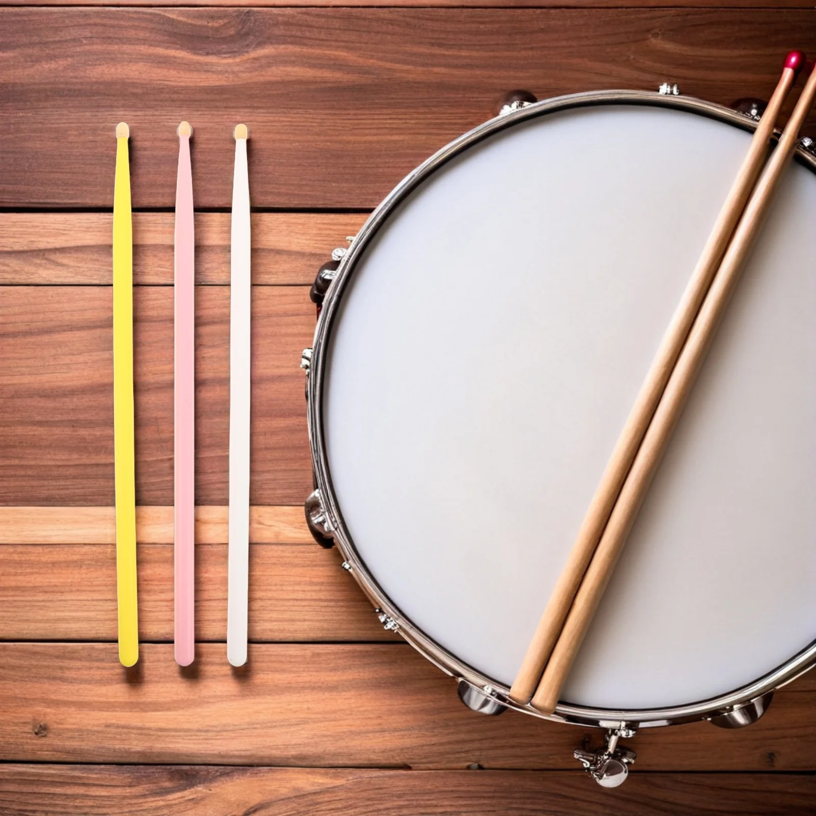

3Pairs Colored Drumsticks Maple Wood 5A Size Vibrant Pink White Yellow Finish Comfort Grip for Drummers Students Practice