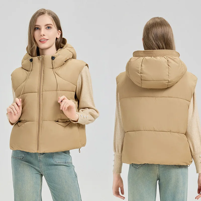 Women Hooded Parkas Vest Coats Solid Oversize Jacket Sleeveless Drawstring Hem Zipper Thick Loose Fit Casual 2025 Autumn Winter