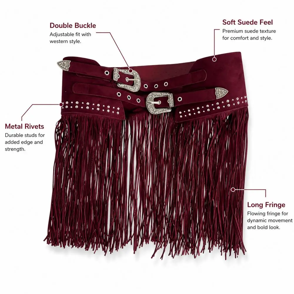 Hot Sale Soft Matte Look Western Waist Belt Extra Wide Suede Material Fringe Waist Belt Rivet Decor Skirt Belt Y2K Fashion