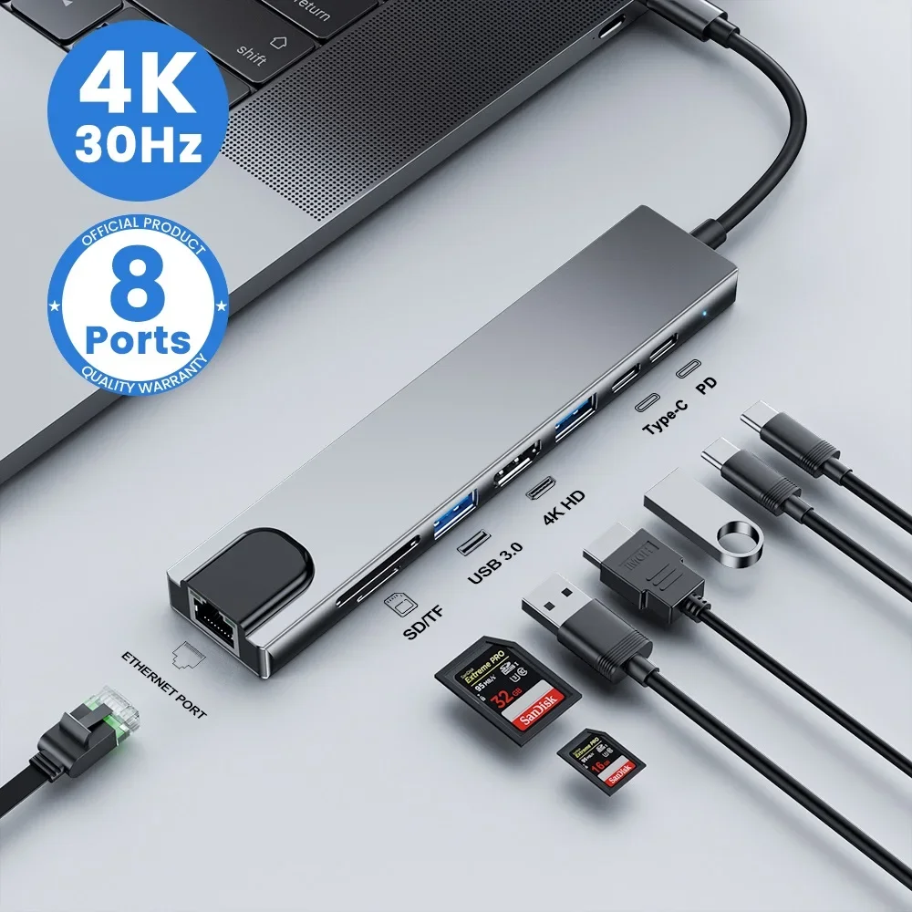 Hub USB C 8w1 7w2 7w1 Typ C 3.1 z adapterem HDMI 4K, czytnikiem kart SD/TF RJ45 i szybkim ładowaniem PD do MacBooka, notebooka, laptopa