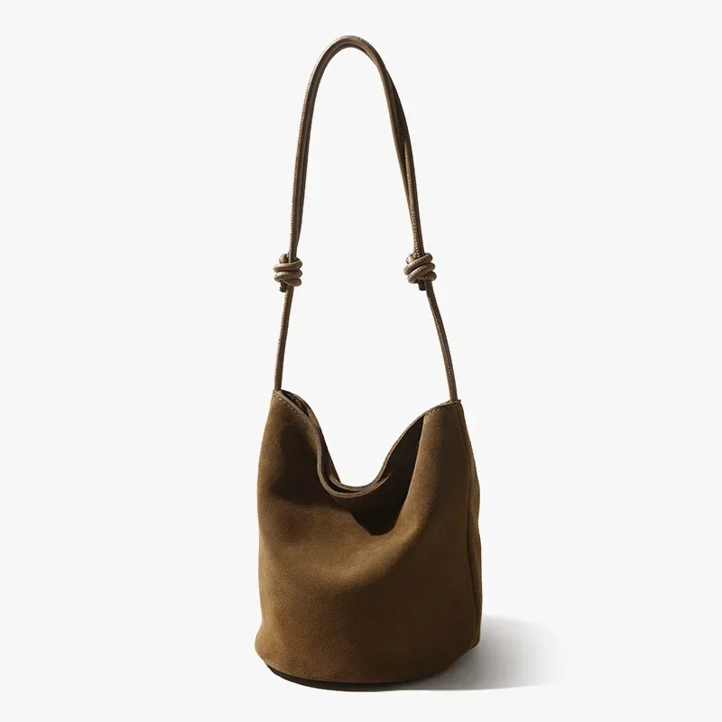 Casual Design Nubuck Leather Women Drawstring Shoulder Crossbody Bucket Bag Genuine Leather Vintage Female Handle Bag Purse