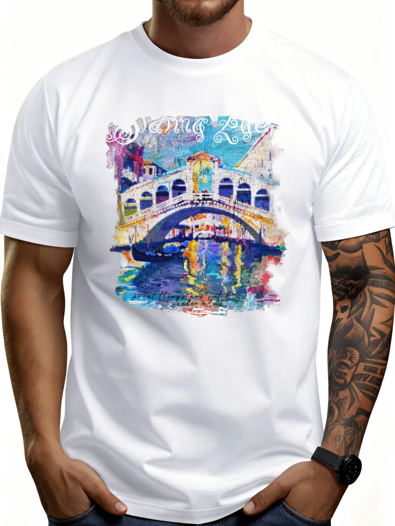 Artistic Watercolor Bridge Design Men's T-Shirt Venice Inspired Scene Summer Wear Gift for Travel Enthusiasts