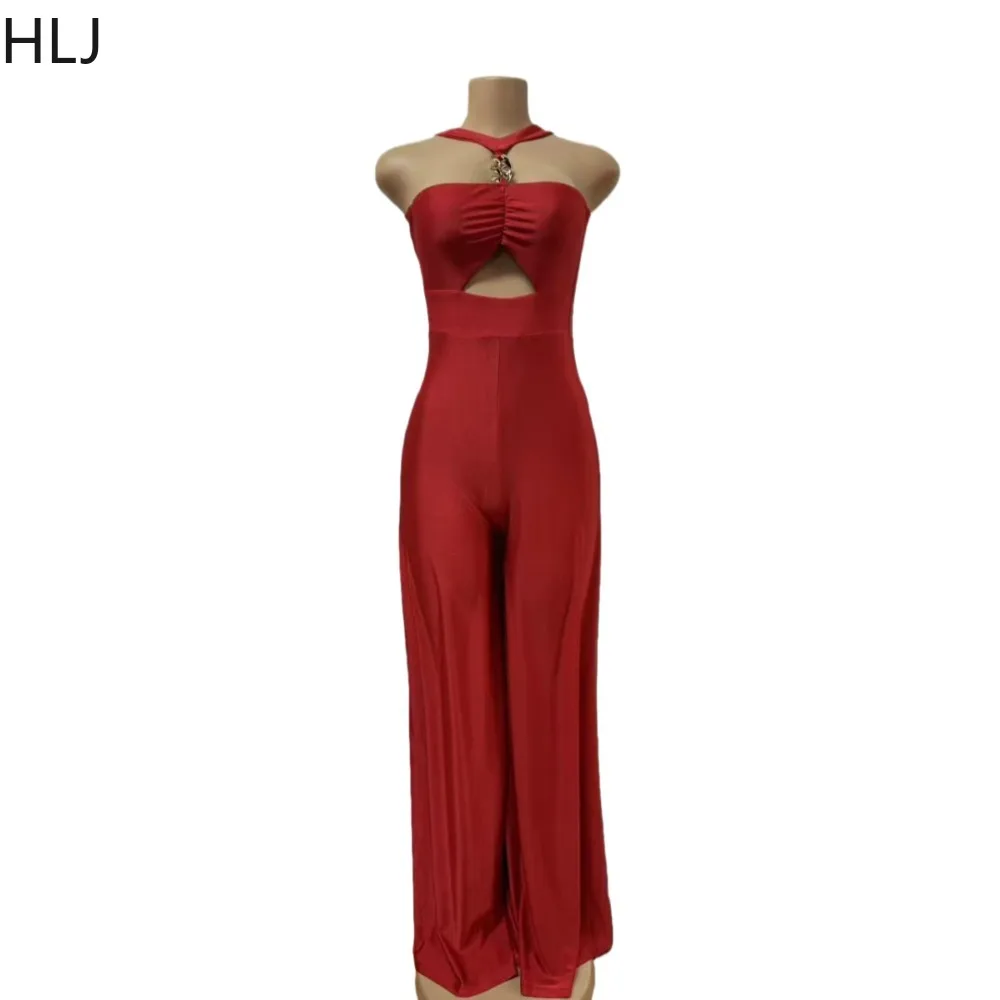 HLJ エレガントな中空パッチワークボディコンジャンプスーツ女性のためのホルターネックノースリーブバックレスロンパース女性ストリートウェアオーバーオール新しい