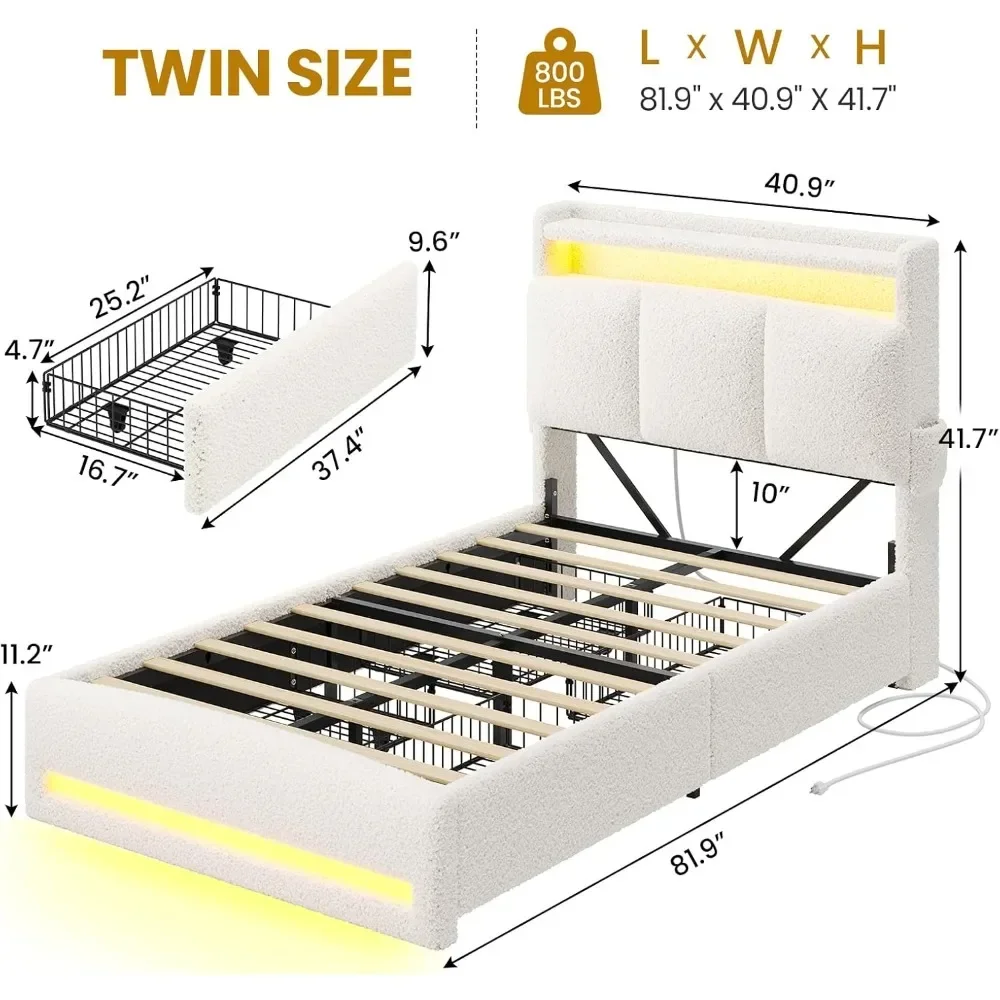 Rangka Tempat Tidur Twin dengan Headboard Penyimpanan dan Stasiun Pengisian Daya, Rangka Tempat Tidur Berlapis Boucle Ukuran Twin dengan 4 Laci dan Lampu LED