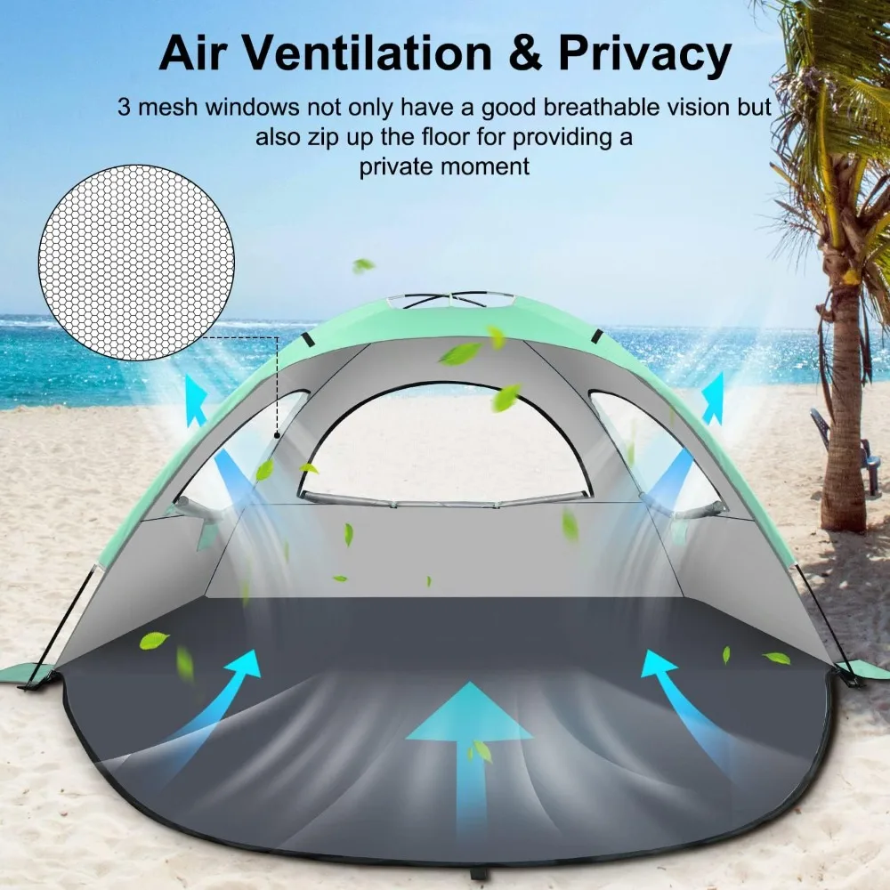 مأوى شاطئ عائلي محمول، خيمة شمسية محمية من الأشعة فوق البنفسجية تتسع لـ 3-4 أشخاص، خفيفة الوزن مع 3 نوافذ شبكية جيدة التهوية، قوية 8.0 مم