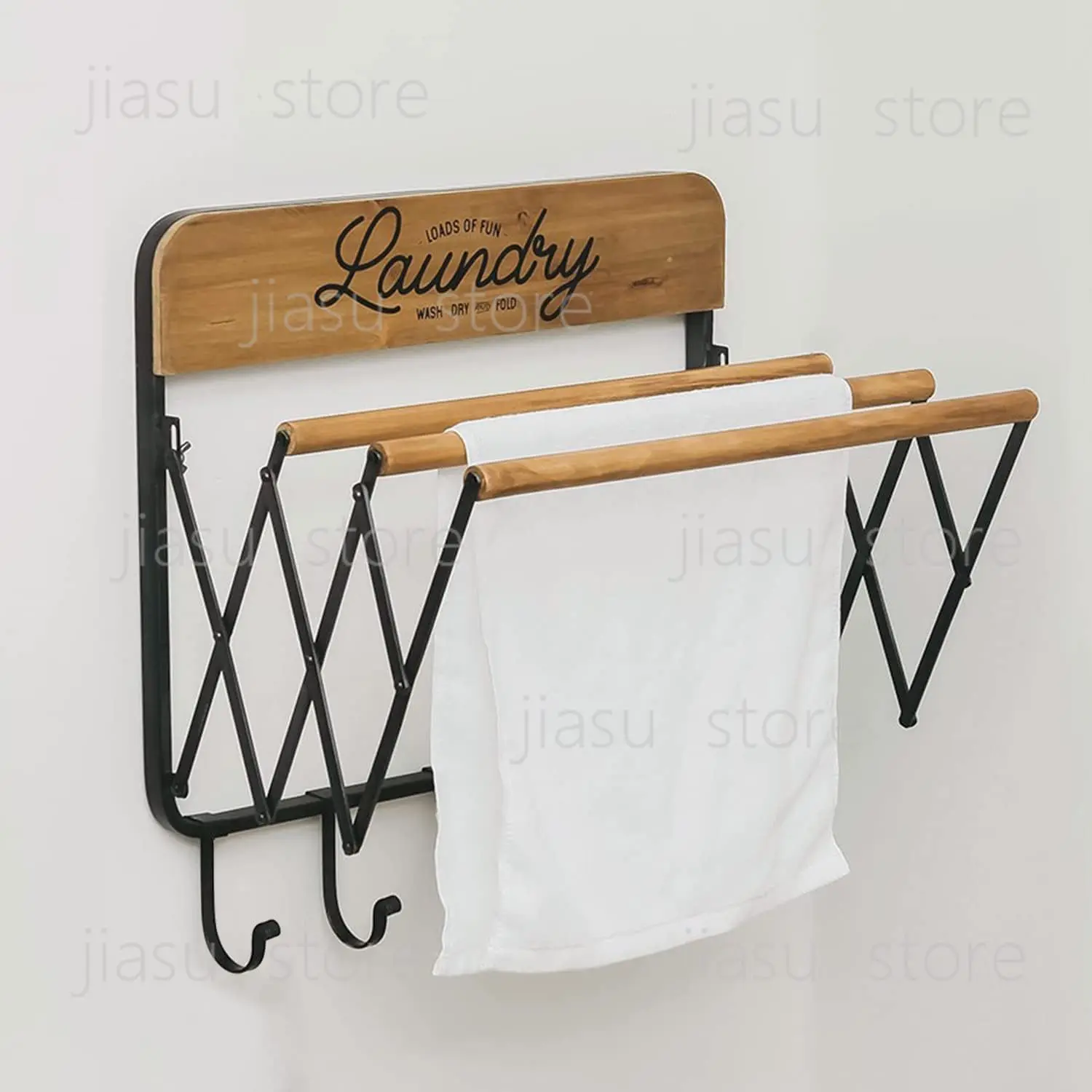 

Wall Mounted Retractable Accordion Laundry Drying Rack with 3 Rods and 5 Hooks for Home