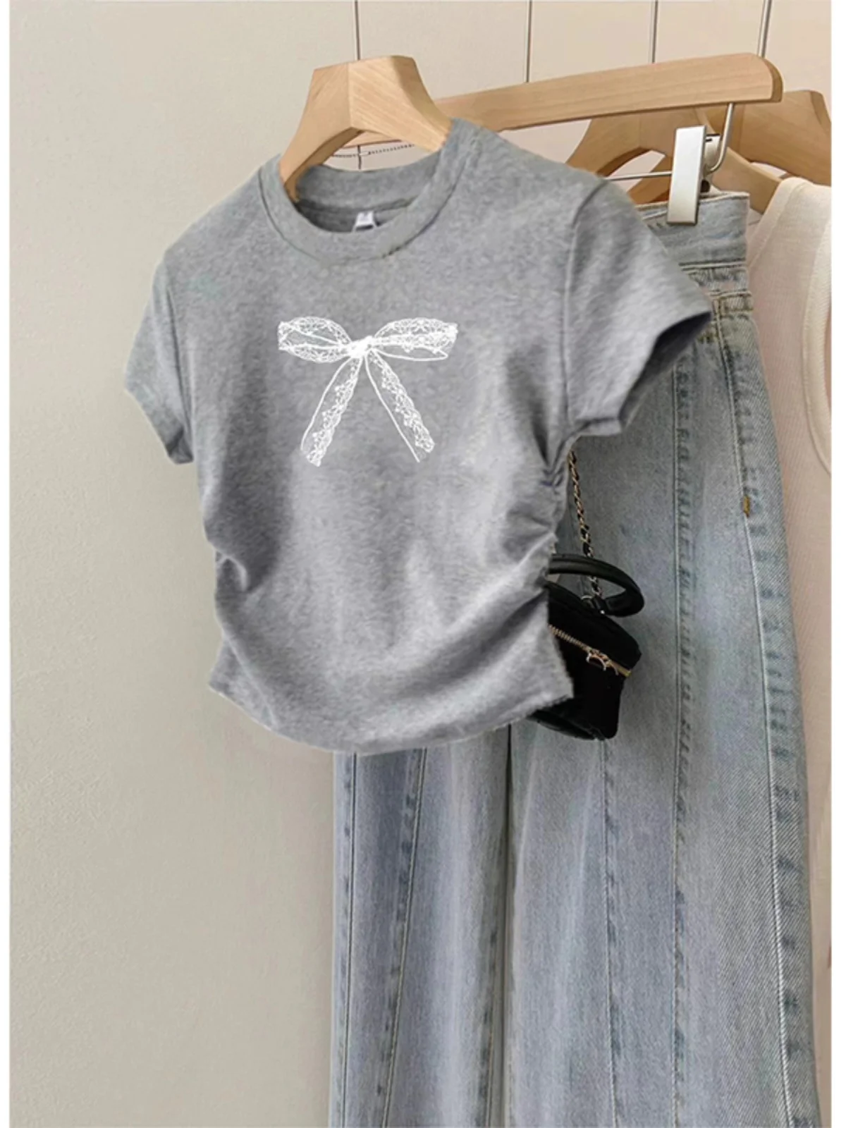 Korean Style Grey Short Sleeve T-Shirt Women's Summer Slim Fit Short Length Body Shape Enhancing Top round Neck Print Design
