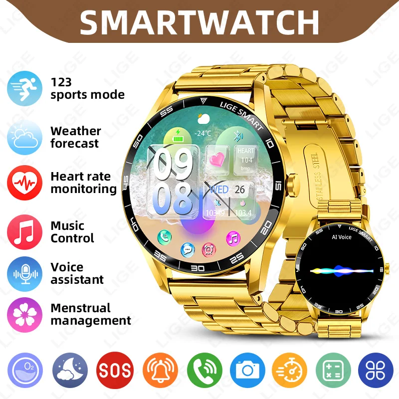 LIGE Smartwatch z funkcją połączeń Bluetooth, monitorowanie tętna i zdrowia, luksusowy zegarek sportowy dla mężczyzn, wodoodporny smartwatch + pudełko