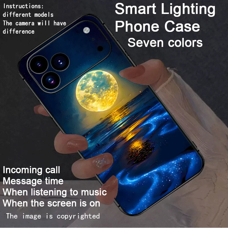 Beach Sunset Moonlight LED Flash Phone Case For iPhone 7 8 Plus 16 15 14 13 12 11 17 Pro Max X XR Shockproof Luminous Glow Cover