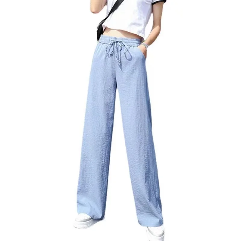 Plus size Women Ankle-Length Wide Leg Pants Casual Summer Solid Elastic Waist Loose Ice Silk Pants Spring Summer Female Trousers