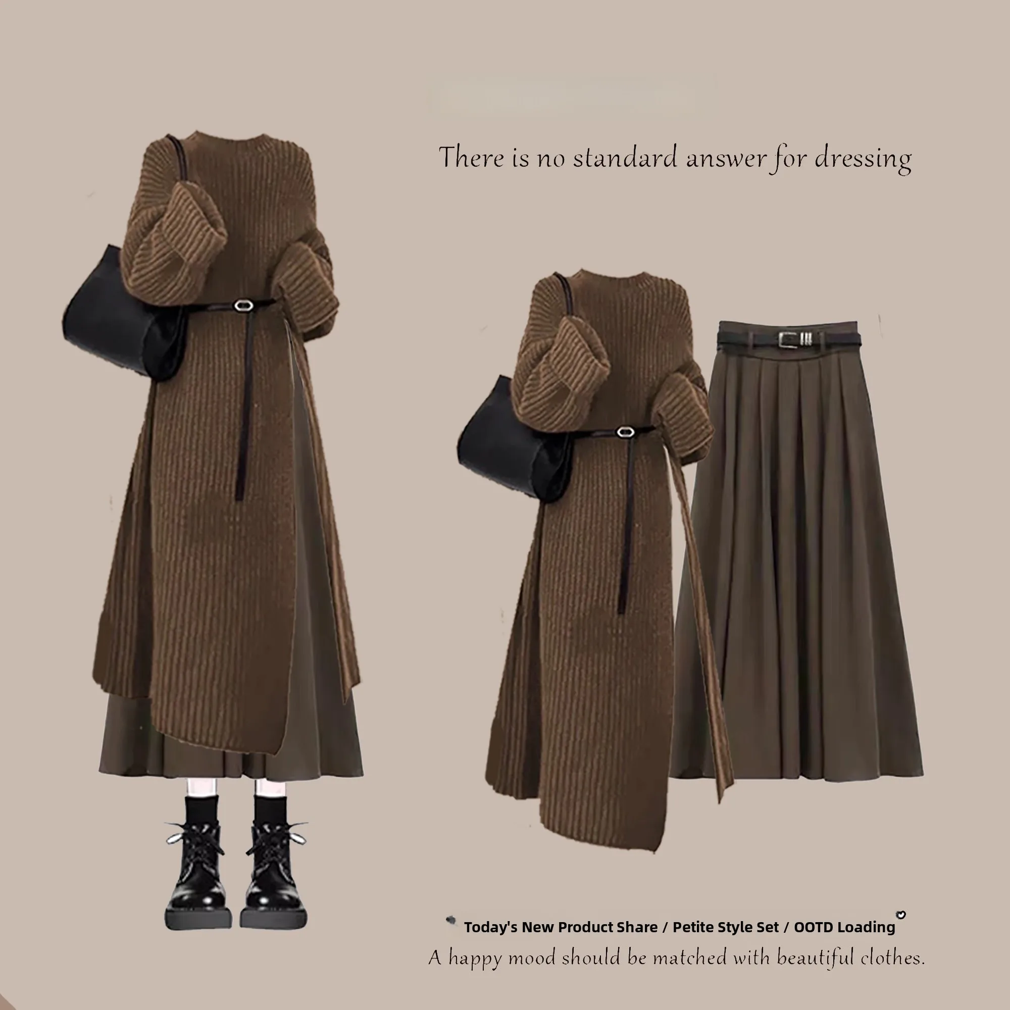 

Reverie Large Size Women's Vintage Aalyptic Brown Spring Knitted Sweater Split Long f Skirt Two-Piece Set High Waist Lo...