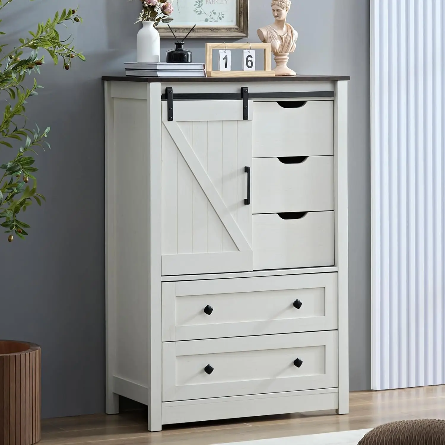 

48" Tall w/Sliding Barn Door, Farmhouse5 Chest of Drawers for Bedroom, Hallway, Living , Dining, Antique White