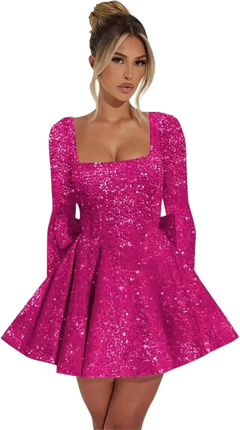 

Long Sleeve Short Prom Dresses Sparkly Sequin Wedding Party Dress Homecoming Cocktail Mini Gowns with Bow Graduation Dress