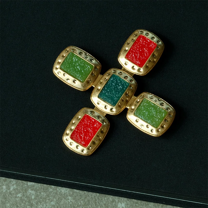 Vintage Cross Brooch Colorful Glass Inlay Gold Tone Metal Elegant Coat Women Lapel Pin Jewelry