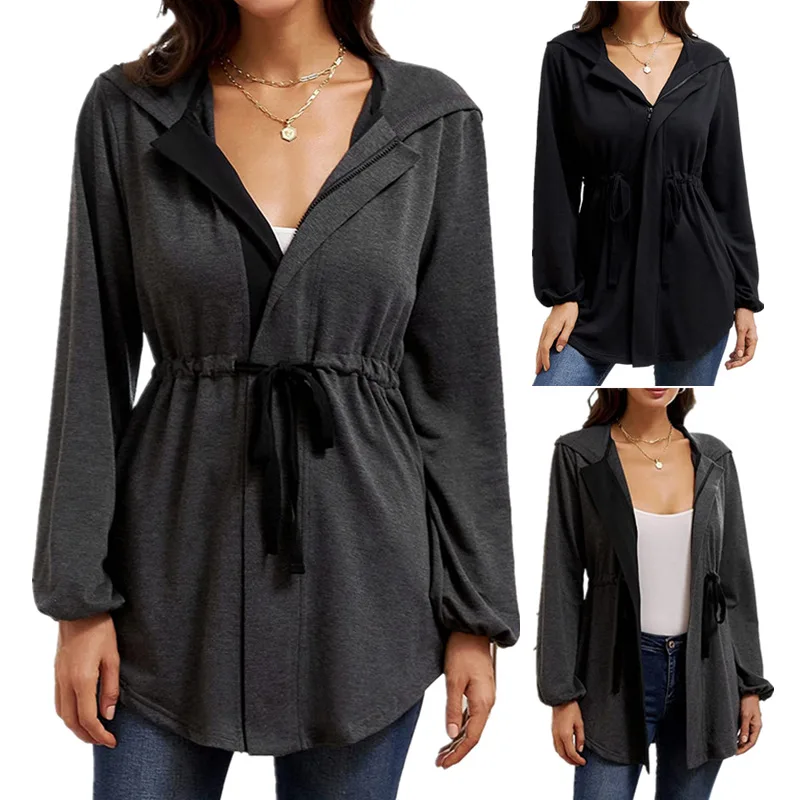 Woman Coat 2022 autumn/winter Leisure Solid Color Zipper Lantern Sleeve Hooded Cardigan Coat woman's Coats Dropshipping YYF21828