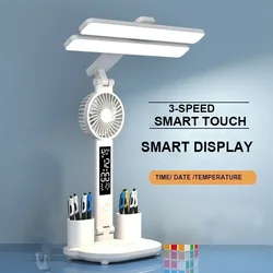 LED Clock Table Lamp USB Chargeable Dimmable Desk Lamps 2 Heads 180 Rotate Foldable Eye Protection Desktop Reading Night Lights