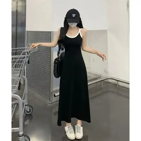 블랙 루즈 슬립 원피스 오프 숄더, 올 매치 민소매, 원피스 기질 여성 의류, 심플한 단색, 새로운 패션, 여름