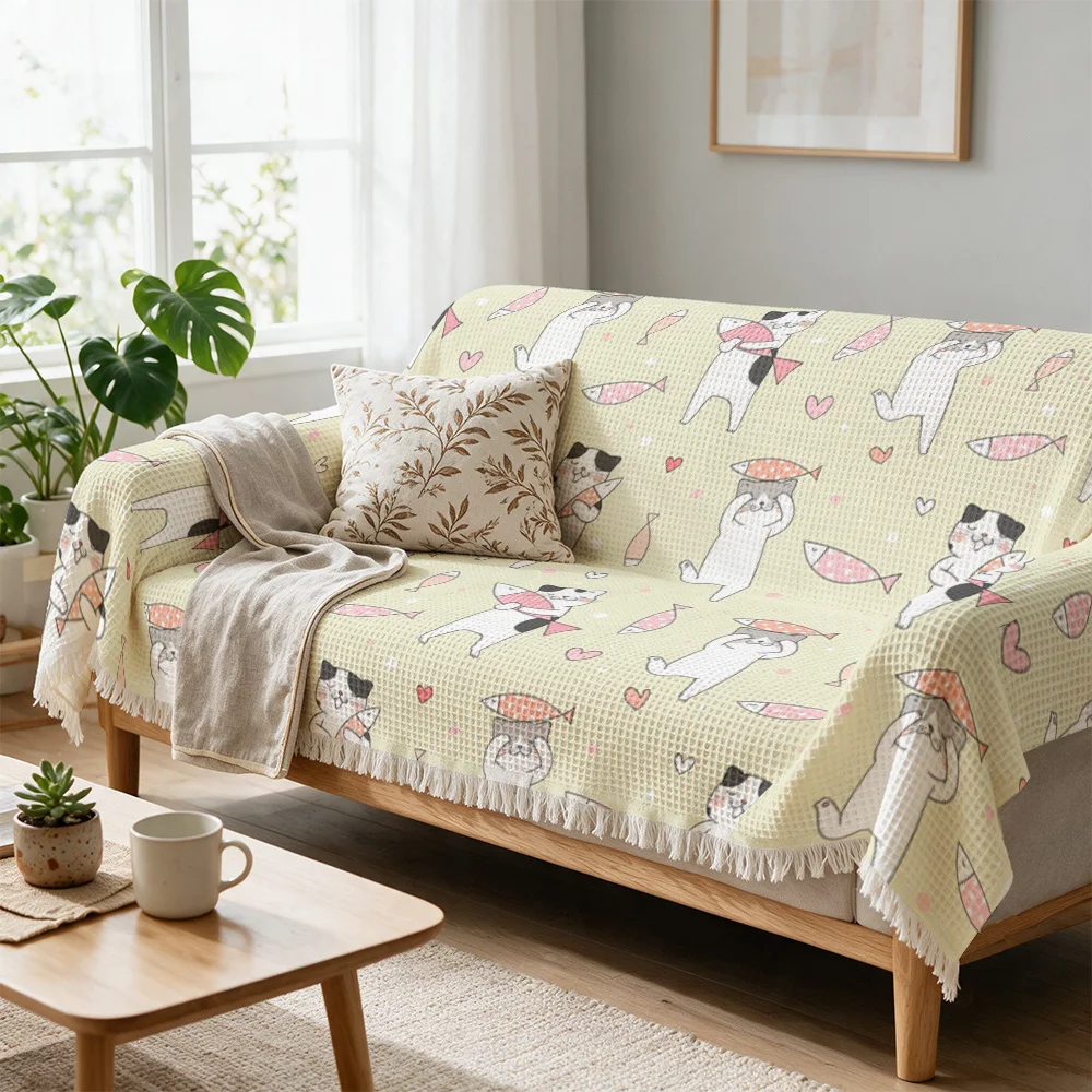 Adorable Cartoon Picnic Theme Sofa Throw Blanket Cover for Living Room Decor Cute Puppy Animal Household Accent Washable Cozy Gi