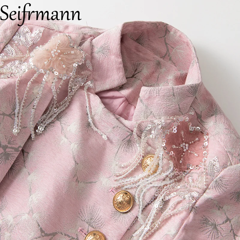 Sukienka Seifrmann 2026 Wiosna Damska Nowa Modna Stójka Długi Rękaw Nadruk Łączona Koronka Temperamentna Sukienka z Podkreśloną Talia