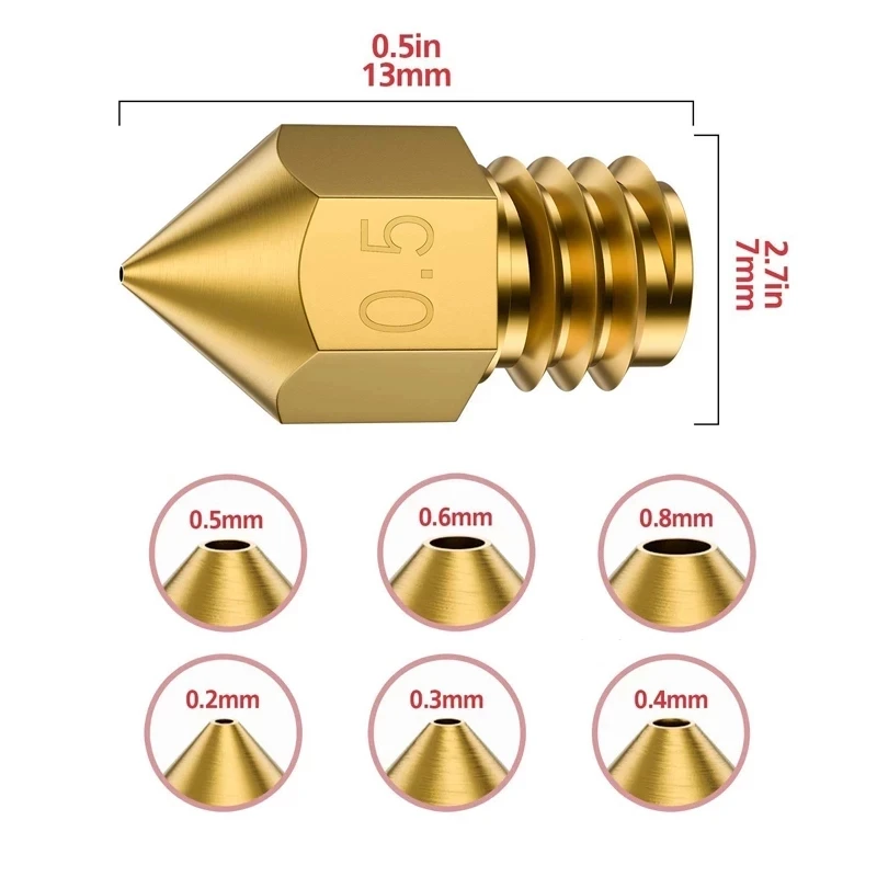 5/10PCS 3D 프린터 노즐 0.2mm 0.3mm 0.4mm 0.5mm 0.6mm 0.8mm 1.0mm MK8 압출기 노즐, CR/Ender 시리즈 3D 프린터 액세서리