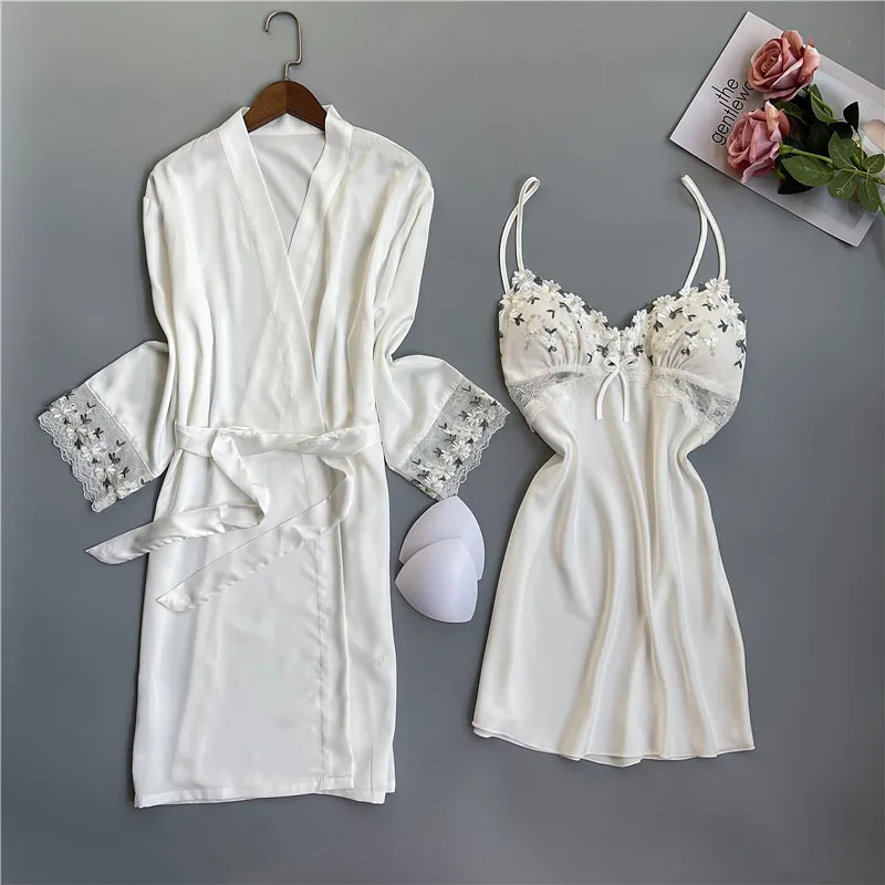 Summer New Twinset Robe Set Women Lace Kimono Bathrobe Gown Sexy Casual Satin Sleepwear Nightgown Flower Homewear Negligee