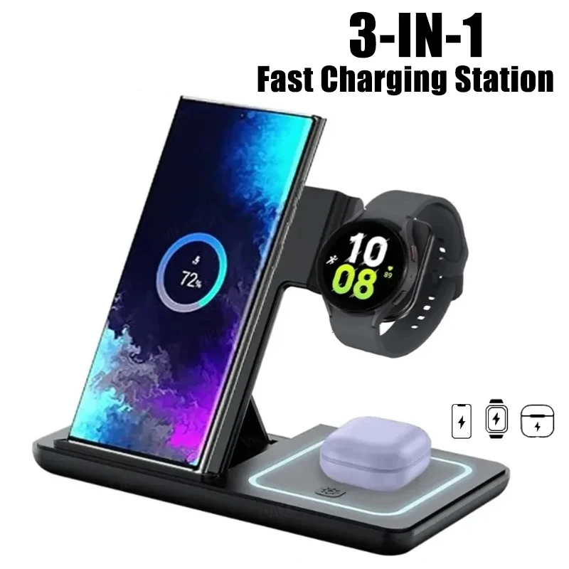 3 in 1 Wireless Charger Desk Stand For Samsung S24 S23 Galaxy Watch 2-8 Active 1 2 Buds Pro Earphones LED Fast Charging Station
