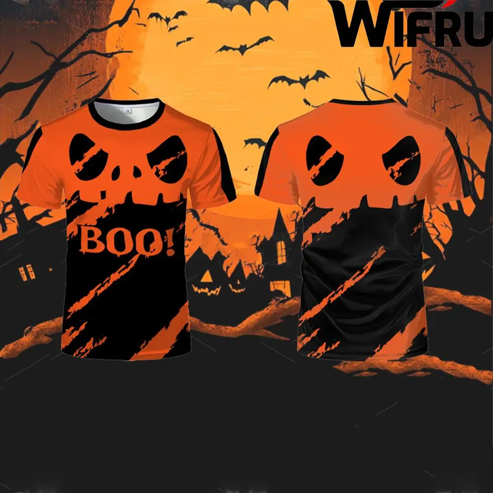 

Halloween Scary Pumpkin Face Tee With Spooky Jack-o'-lantern Graphic T-shirt Fun Party Holiday Dress-up Top For Men And Women