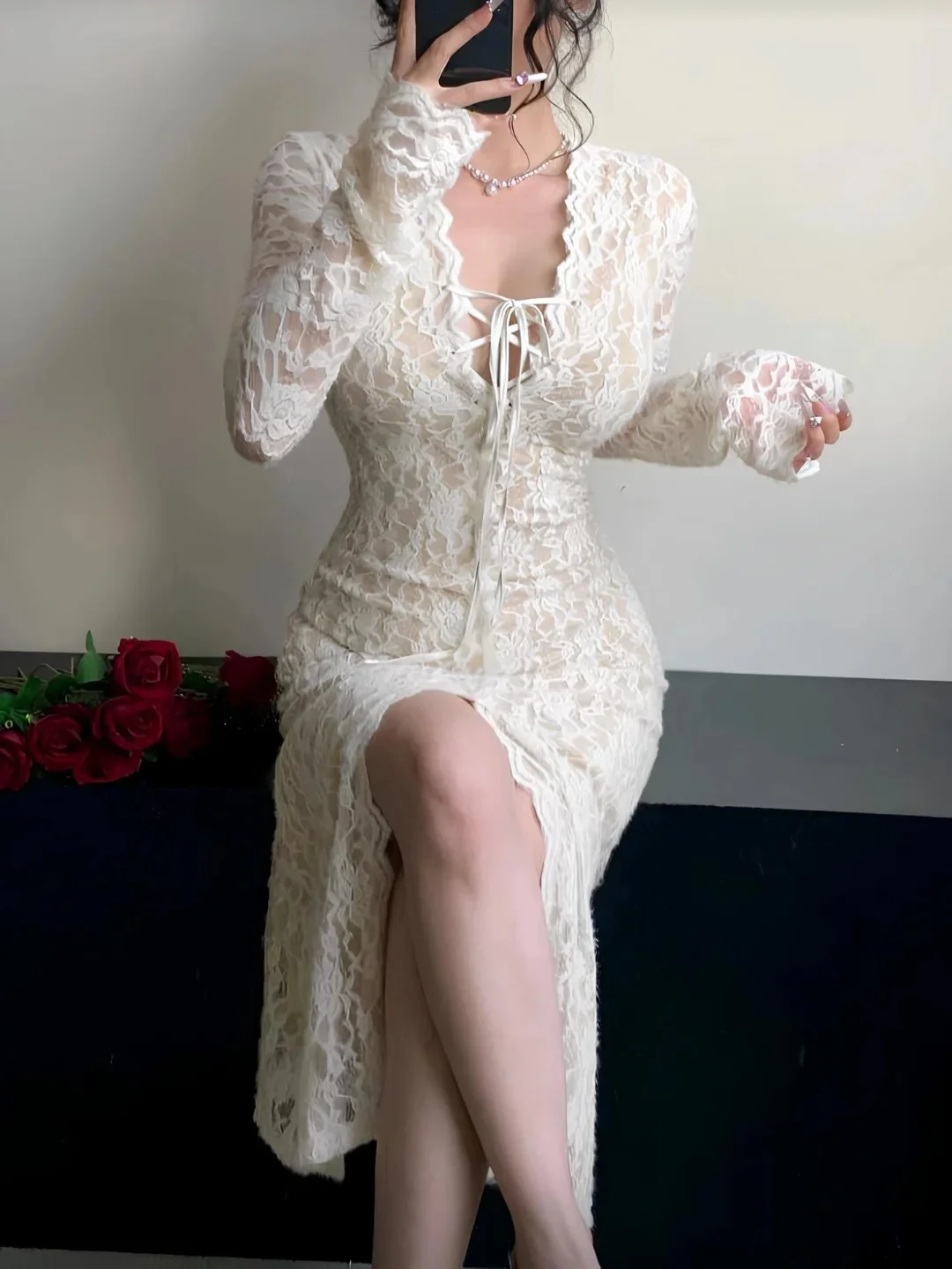 Hot Sale Elegant Sexy Romantic Long Sleeve V Neck Lace Up Bodycon High Split Lace Sheer Evening Prom Formal Party Dress