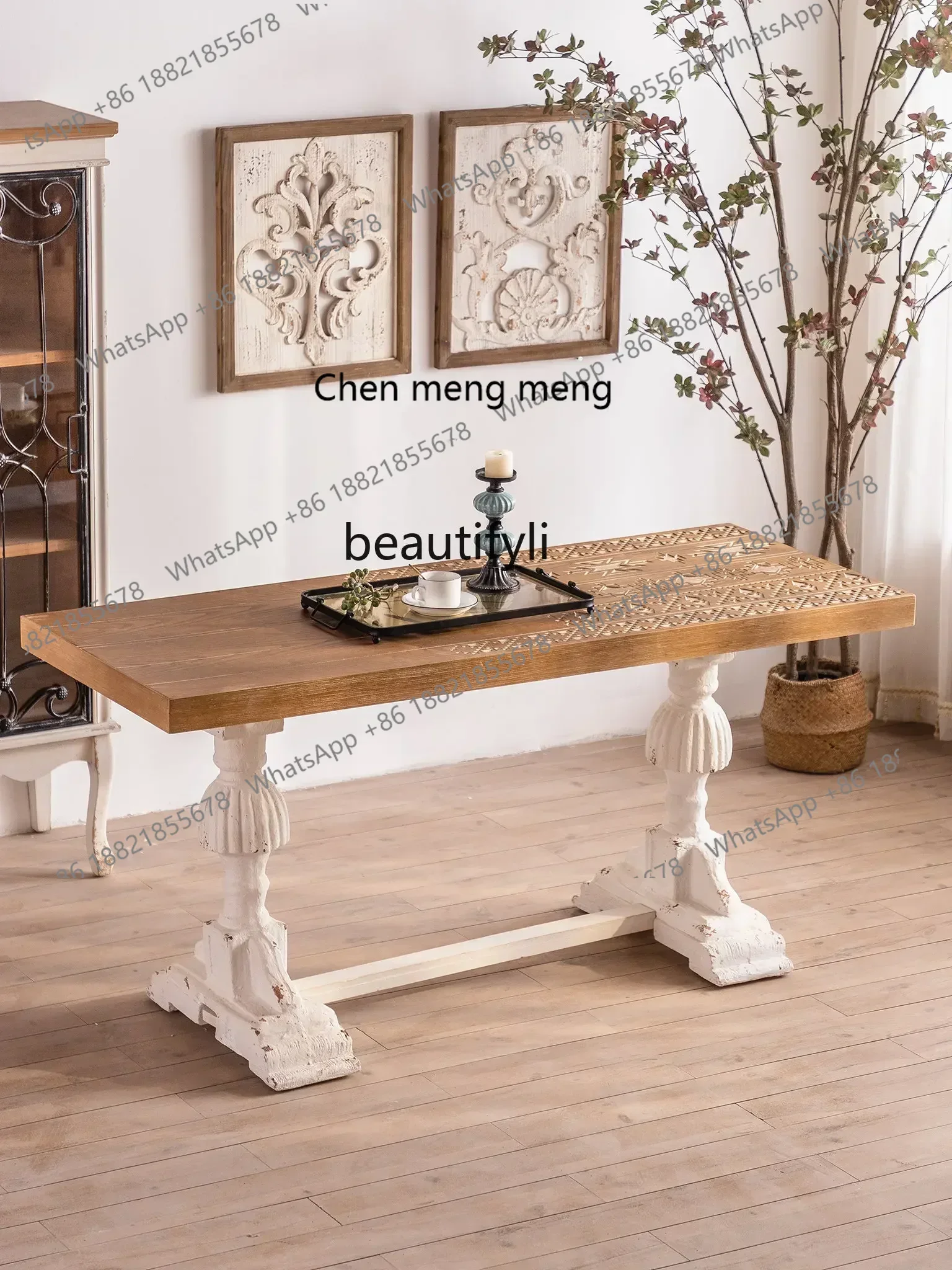 European-Style Retro Solid Wood Rice Table Carved Rectangular Dining Table Roman Column Log Tea Table