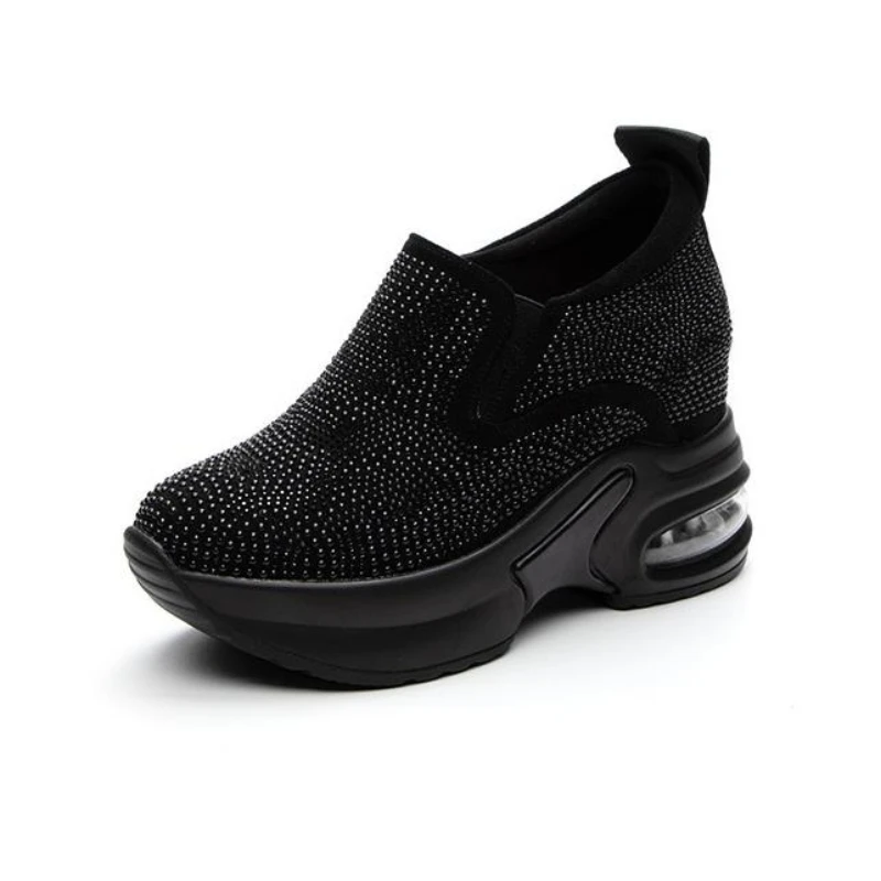 

2026 New 9cm Women's Shoes Spring and Summer Leisure Increase Small White Shoes Rhinestone Thick Sole Sports Air Cushion Shoes