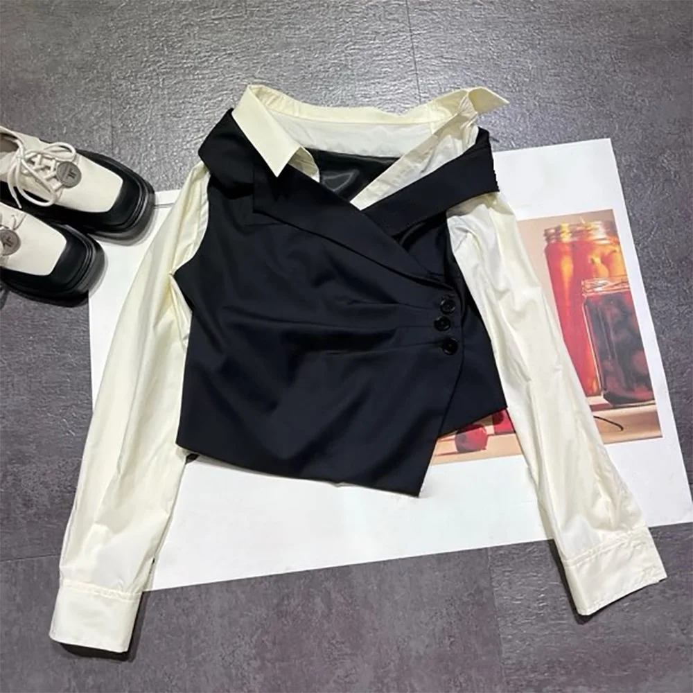 

High-quality 2026 new style women's black and white contrasting asymmetric neckline fashionable fitted top xy26414123